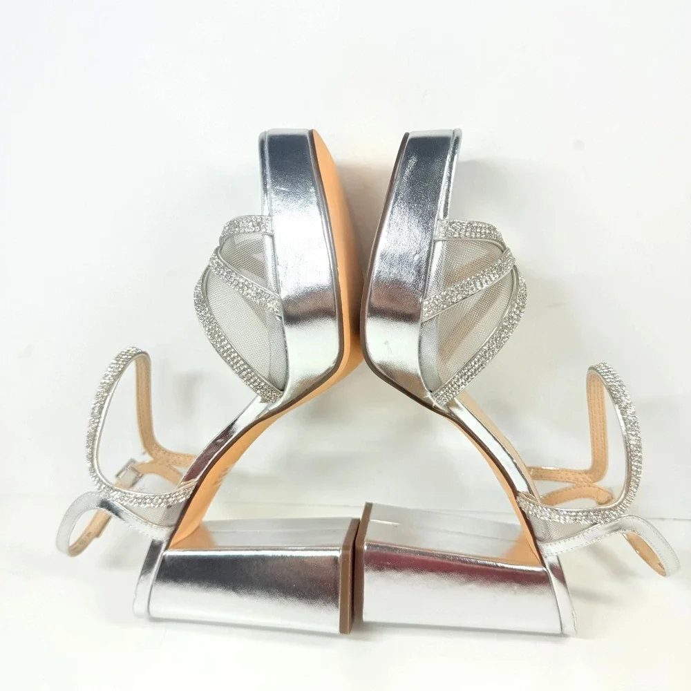 Nina Platform Sandals Women 9.5M Silver Rhinestone Block Heel Dress Shoes - Picture 4 of 9